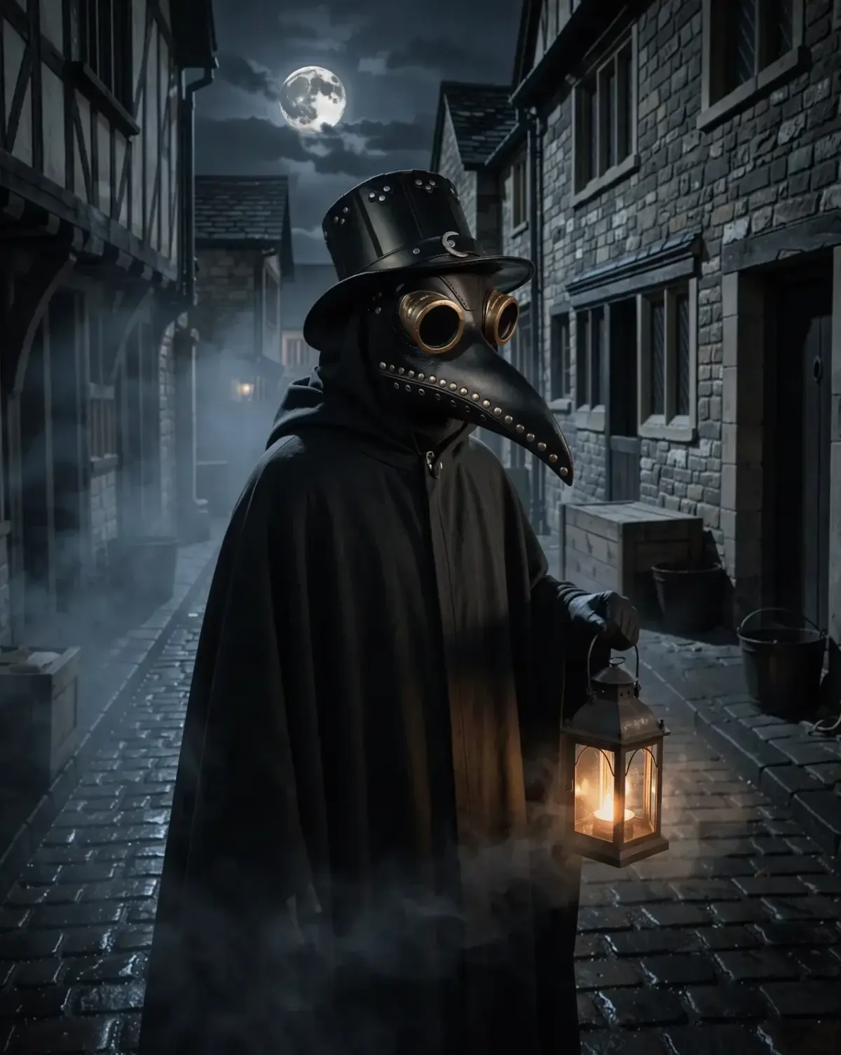 Masque de médecin de la peste noir et laiton, porté avec une cape dans une ruelle, la nuit