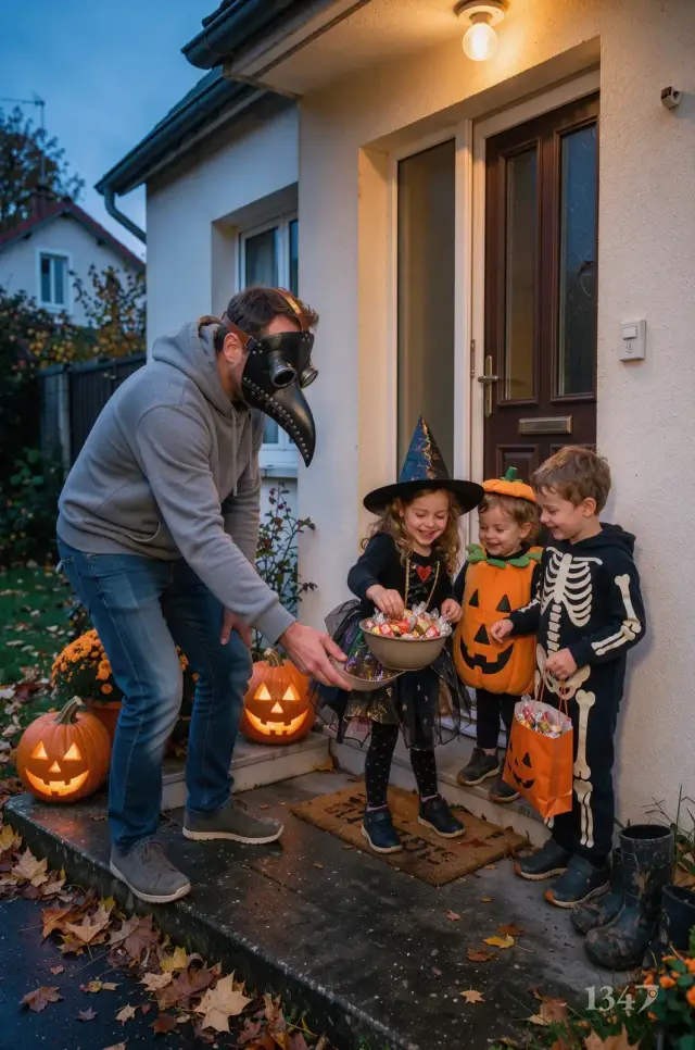Un père en sweat gris, le masque noir sur le visage, tend un saladier de bonbons à trois enfants déguisés devant sa porte, le soir d’Halloween.
