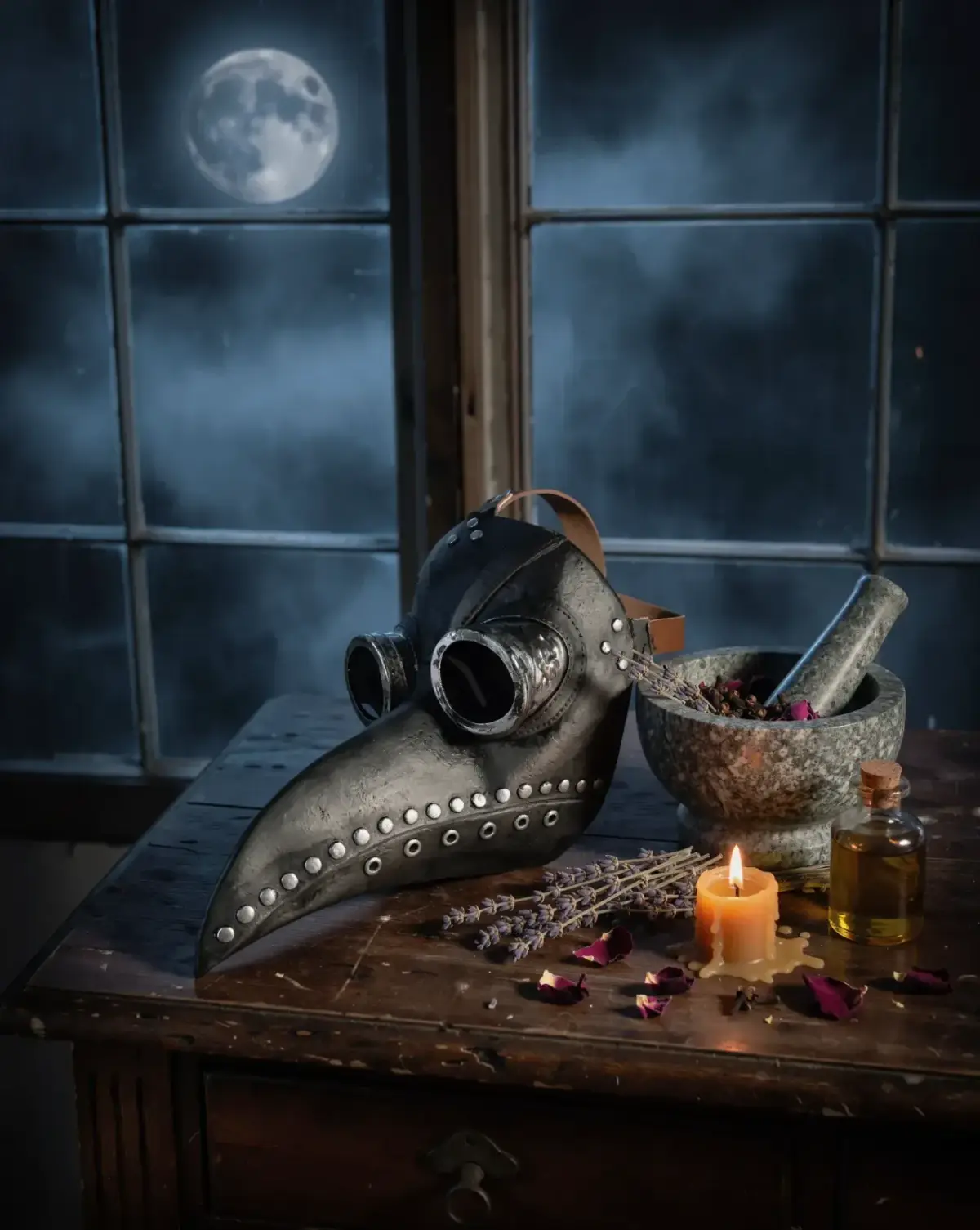Le masque noir posé sur une table d’apothicaire, près d’un mortier d’aromates et d’une bougie