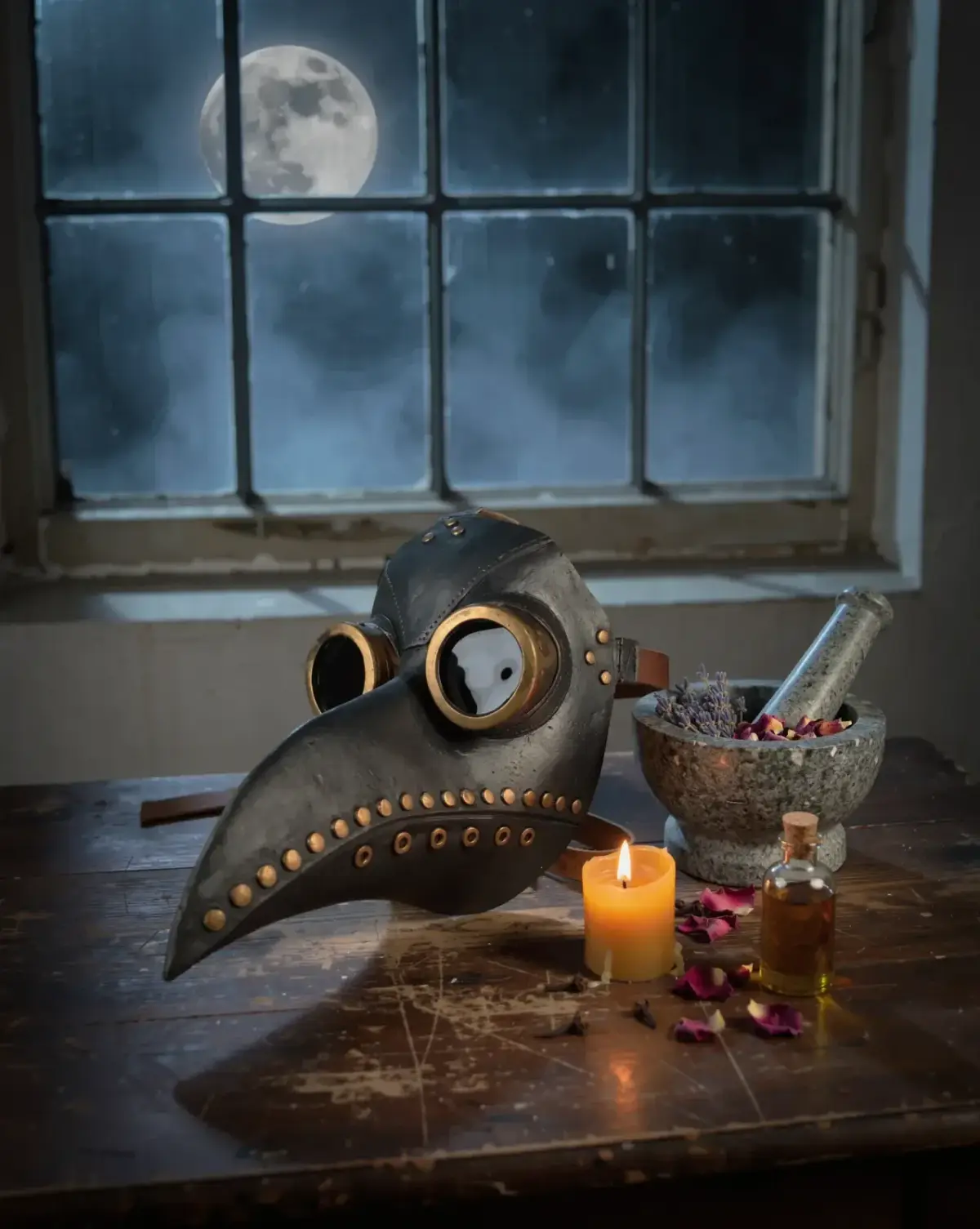Le masque noir et laiton posé sur une table d’apothicaire, près d’un mortier d’aromates et d’une bougie