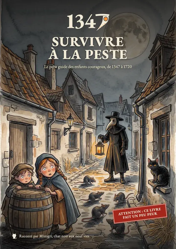 La couverture du guide « Survivre à la peste » : une ruelle la nuit sous la pleine lune, un médecin à bec au bout de la rue.