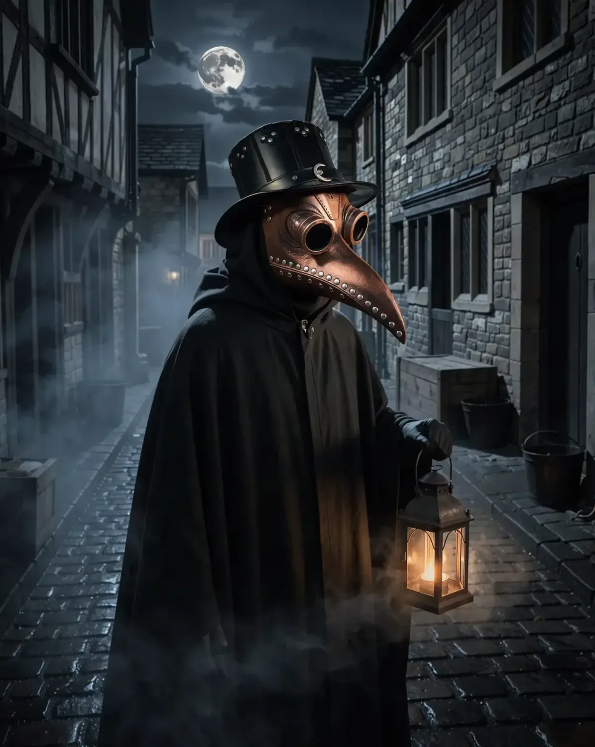Masque de médecin de la peste cuivre, porté avec une cape dans une ruelle, la nuit