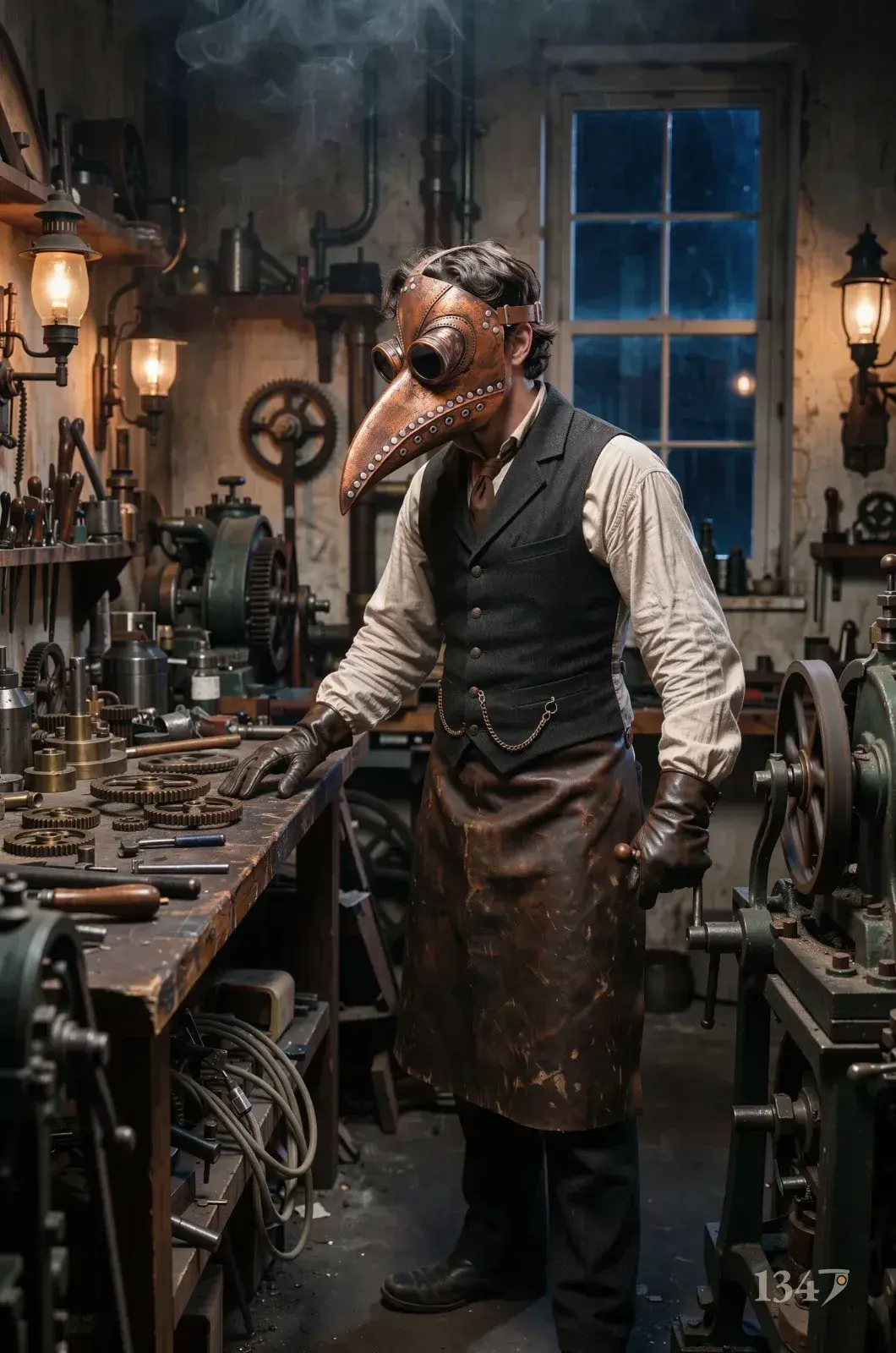 Le masque cuivre porté avec un gilet et un tablier de cuir, dans un atelier aux engrenages de laiton.