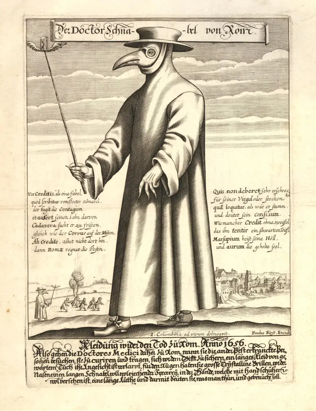 Gravure de 1656 : un médecin en long manteau, masque à bec, lunettes et chapeau, une baguette à la main, devant Rome.