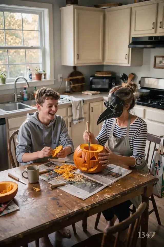 Une mère en marinière, le masque noir sur le visage, creuse une citrouille avec son fils adolescent sur la table de la cuisine.