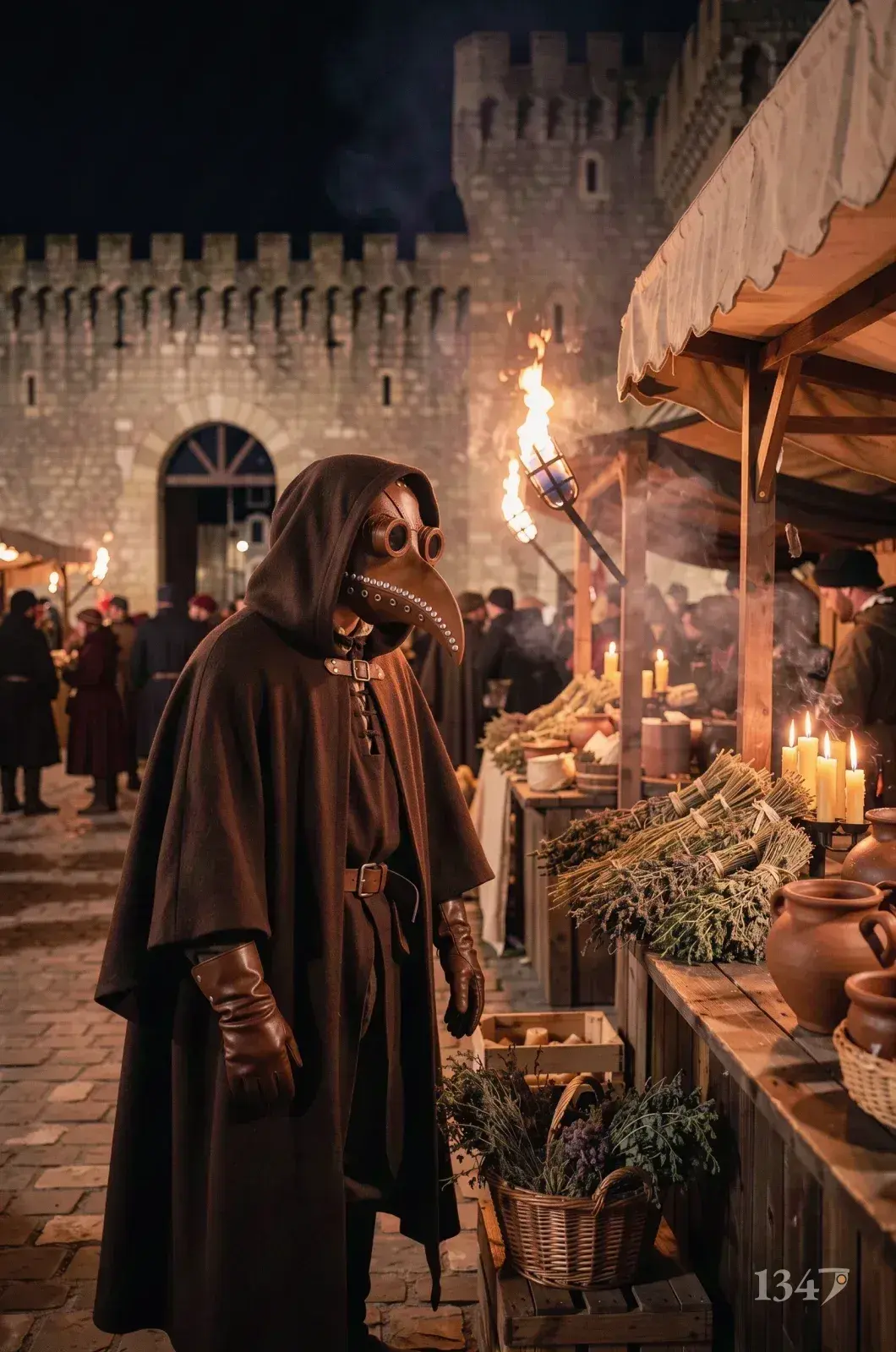 Le masque marron porté avec une cape de laine, entre les étals d’une fête médiévale aux flambeaux.