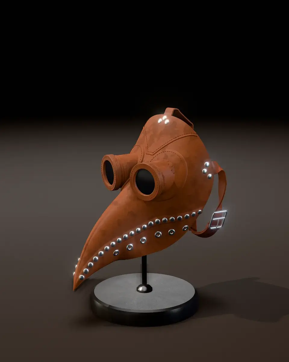 Le masque marron en 3D, de trois quarts, sur son support.
