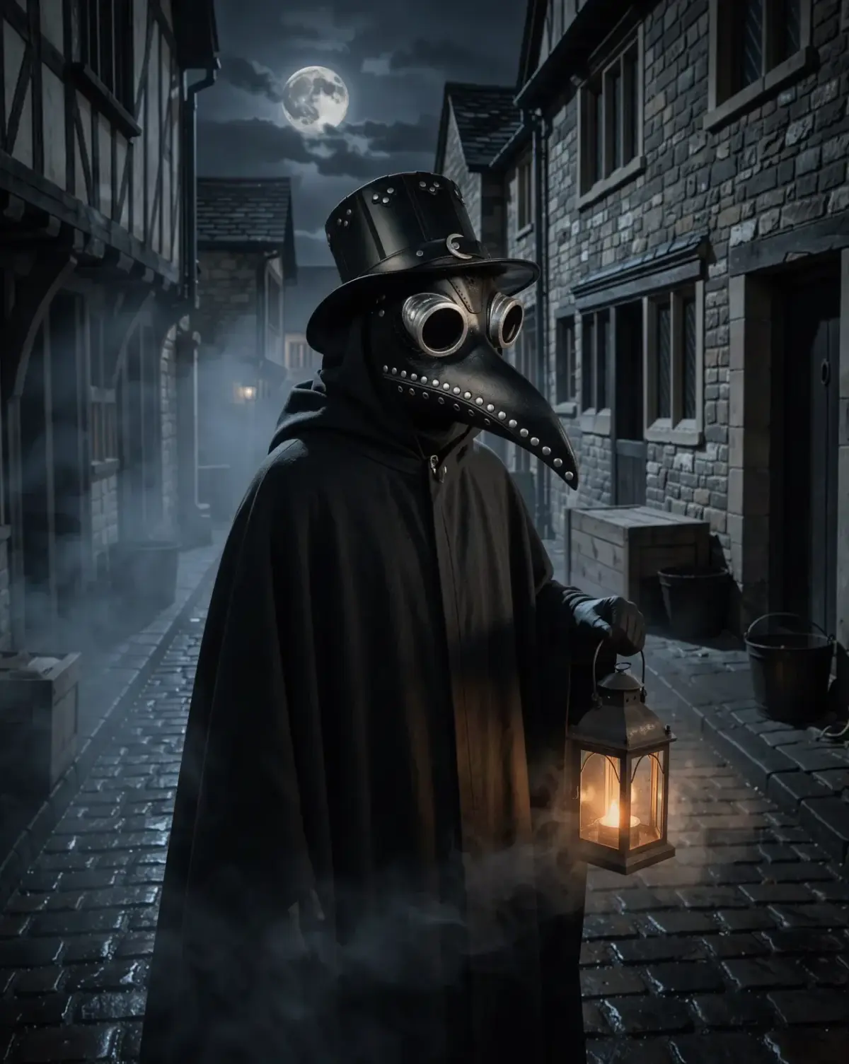 Masque de médecin de la peste noir, porté avec une cape dans une ruelle, la nuit