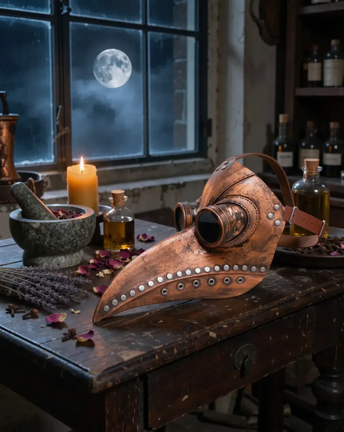 Le masque cuivre posé sur une table d’apothicaire, près d’un mortier d’aromates et d’une bougie