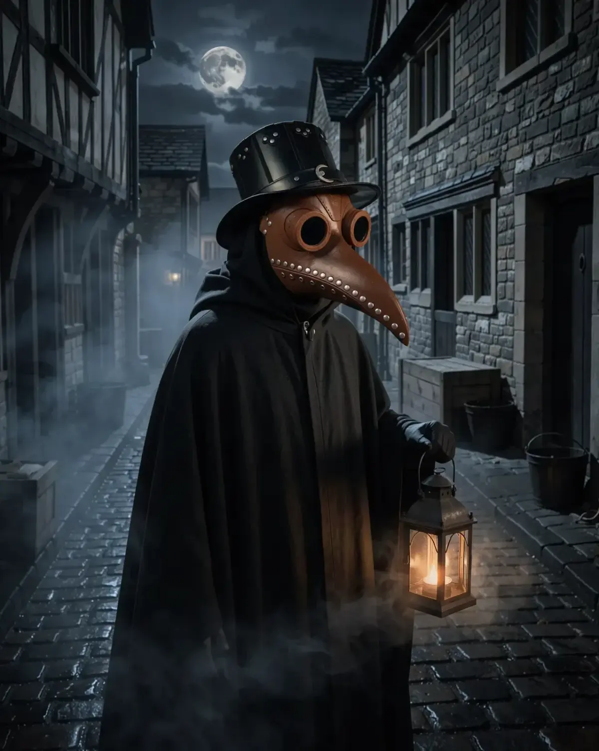 Masque de médecin de la peste marron, porté avec une cape dans une ruelle, la nuit