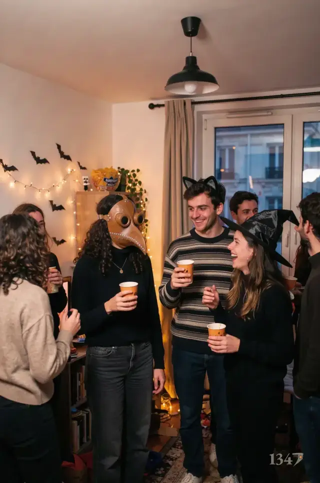Une jeune femme aux cheveux bouclés porte le masque marron à une soirée entre amis, guirlandes lumineuses et chauves-souris en papier au mur.