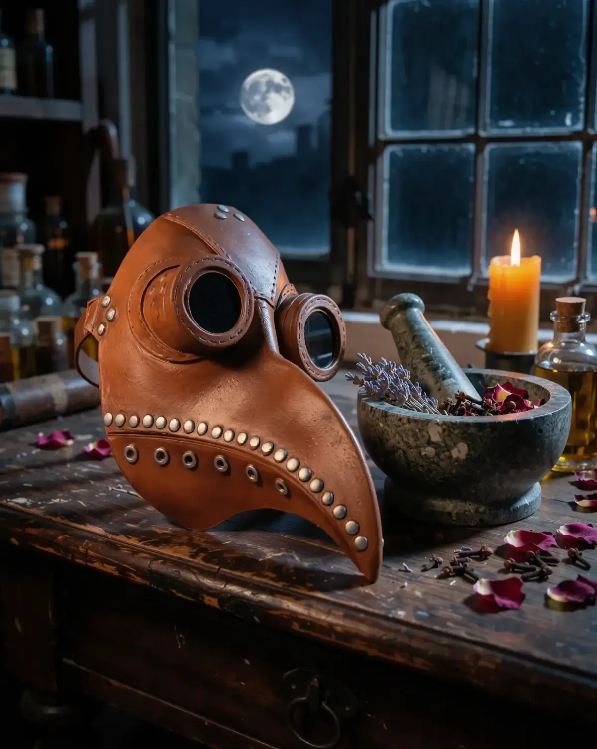 Le masque marron posé sur une table d’apothicaire, près d’un mortier d’aromates et d’une bougie
