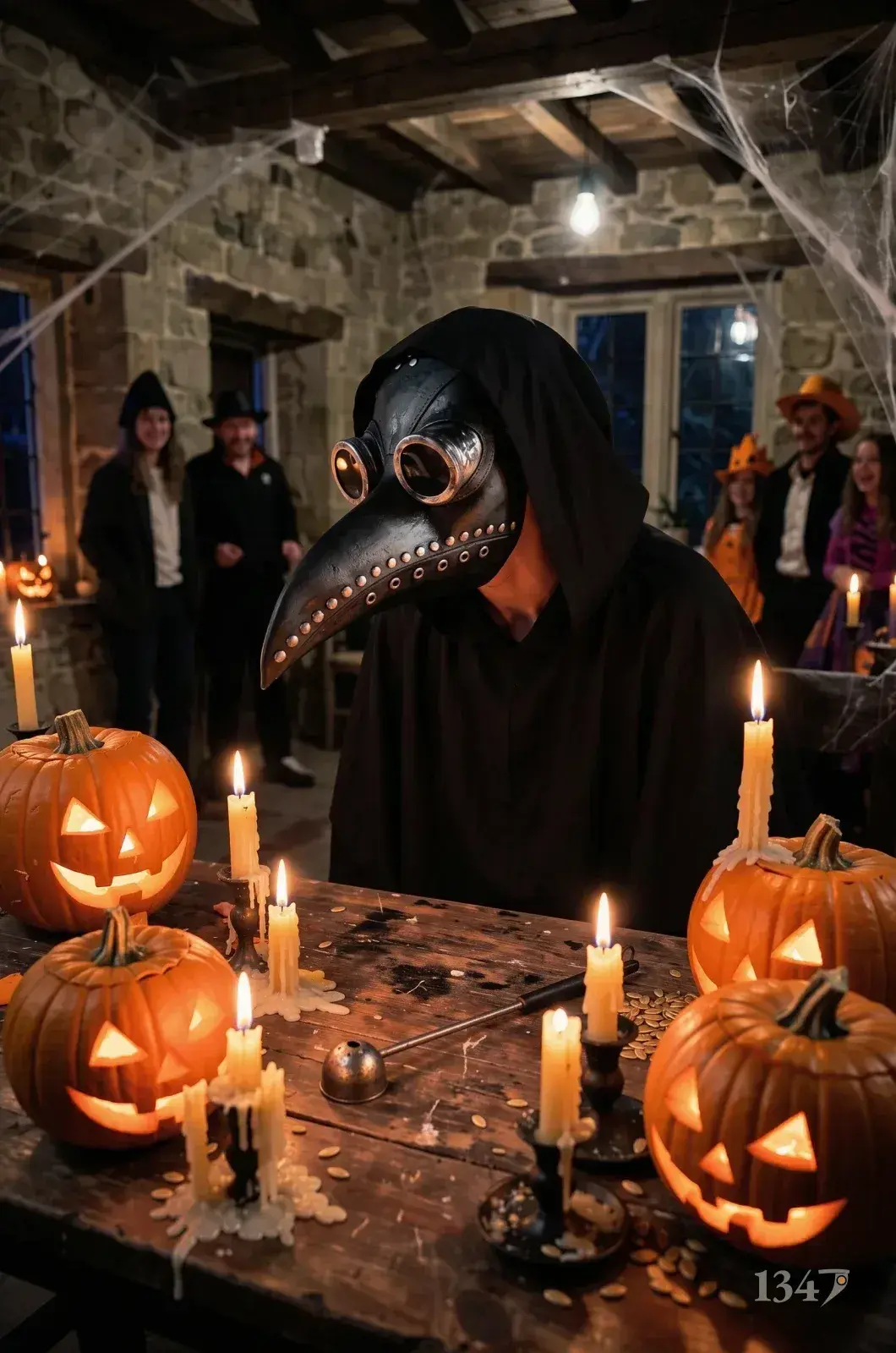 Le masque noir porté un soir d’Halloween, derrière une table de citrouilles sculptées et de bougies.