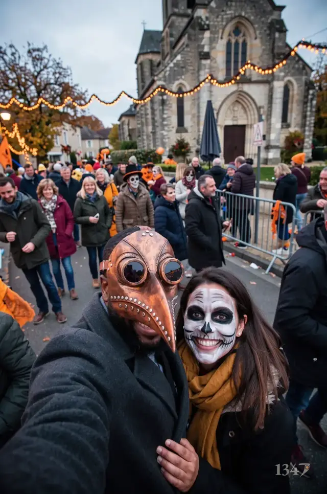 Un homme barbu porte le masque cuivre et prend un selfie avec sa compagne maquillée en tête de mort, pendant un défilé d’Halloween.
