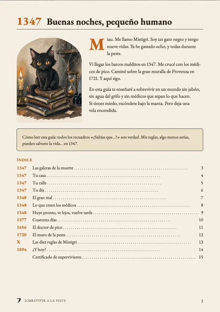 Página 2 de la guía, «Buenas noches, pequeño humano»: Mistigri, el gato negro, sobre una pila de libros, y el índice.