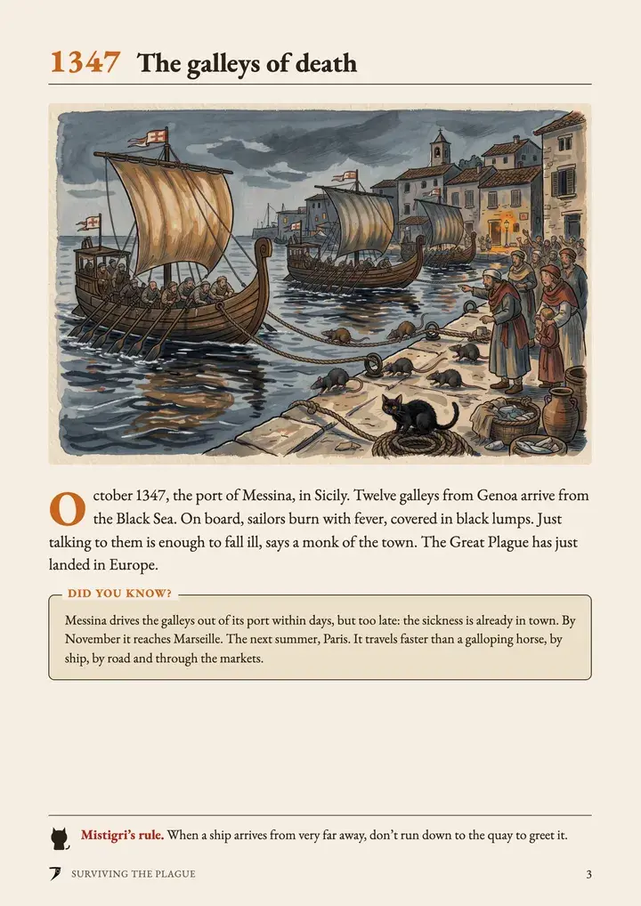Page 3 of the guide, “The galleys of death”: galleys sail into the port of Messina in 1347, rats run down the mooring ropes.