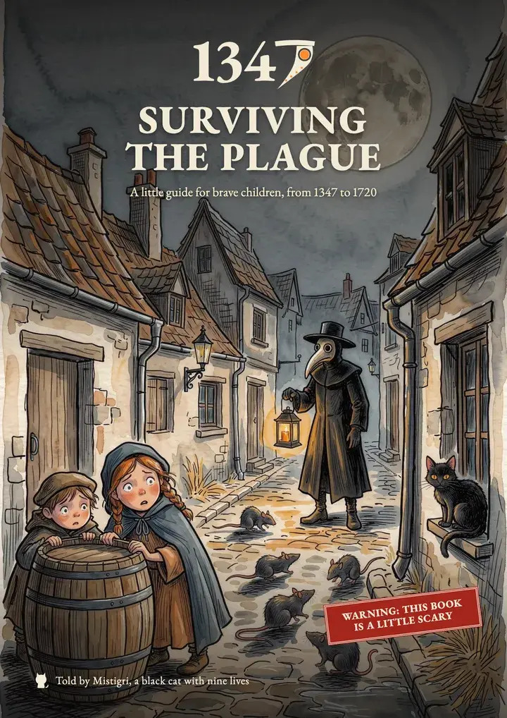 The cover of the guide “Surviving the Plague”: a lane at night under the full moon, a beaked doctor at the end of the street.