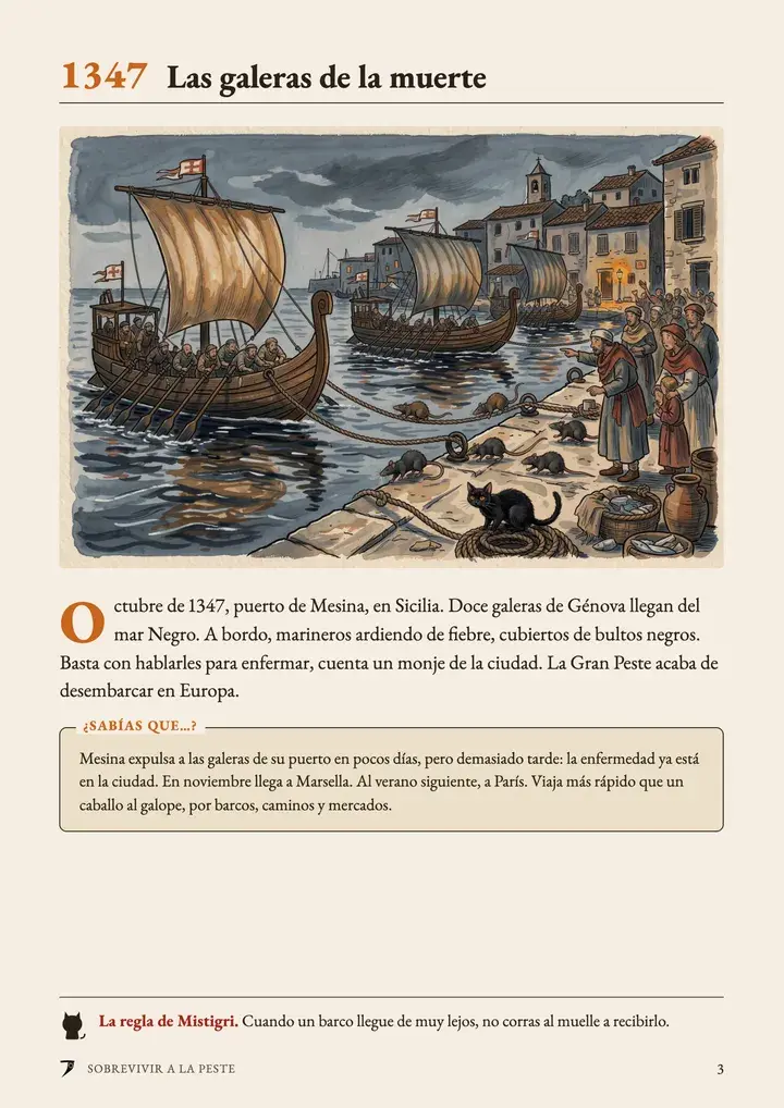 Página 3 de la guía, «Las galeras de la muerte»: galeras entrando en el puerto de Mesina en 1347, ratas bajando por las amarras.