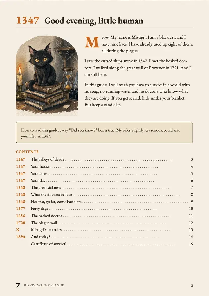 Page 2 of the guide, “Good evening, little human”: Mistigri, the black cat, on a pile of books, and the contents.