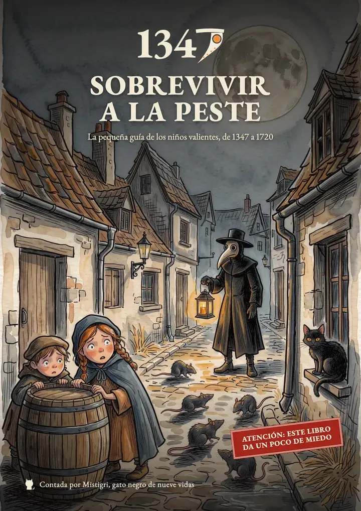 La portada de la guía «Sobrevivir a la peste»: un callejón de noche bajo la luna llena, un médico de pico al fondo de la calle.